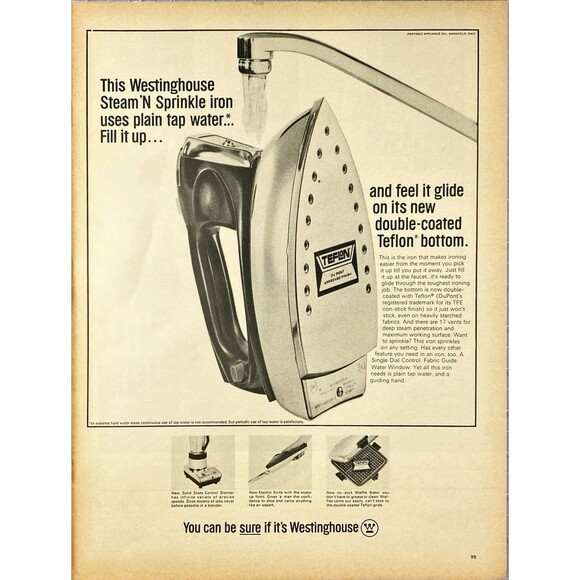 Westinghouse Stream 'N Sprinkle Iron "Uses Tap Water: Teflon Bottom" Vtg Ad 1966 - Picture 1 of 3